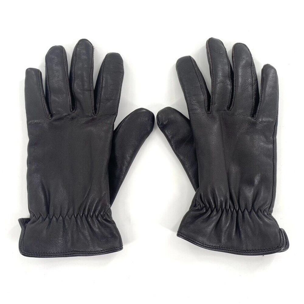 Vintage Womens Leather Gloves‎ Sz L Black Fleece Lined Gathered Wrist